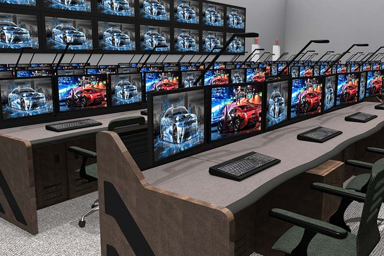 Military control room console furniture with multiple monitors and keyboards