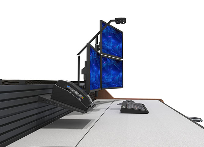 task light and 3 monitor screens, phone on console desk