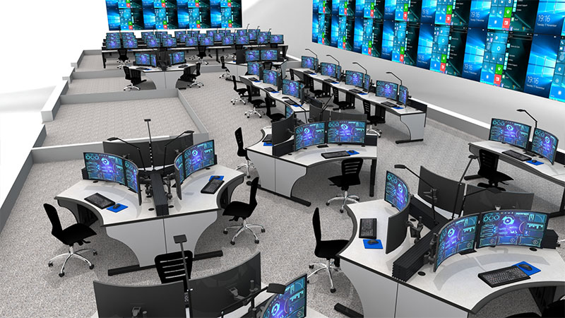 control room rendering with consoles, monitors, and video walls
