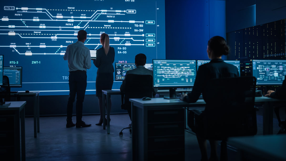 multi-operator control room furniture in a power plant rendering